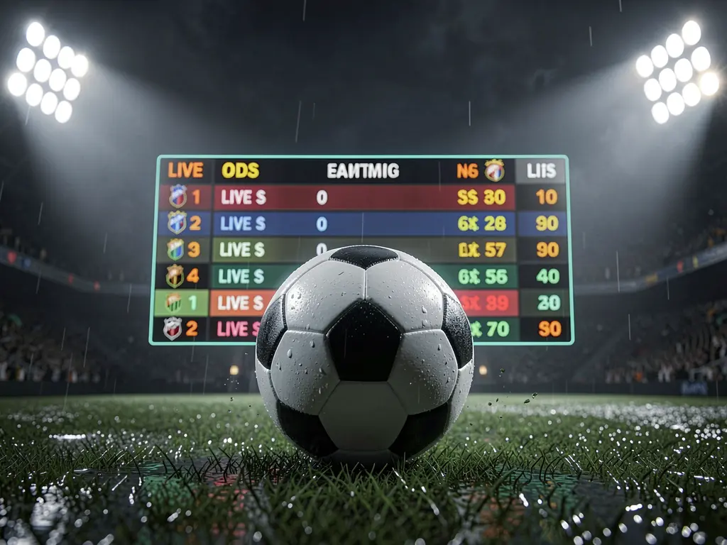 Football betting page banner by OKDDD featuring a soccer ball on wet grass under dramatic stadium lights with glowing live odds graphics in a premium dark sports atmosphere