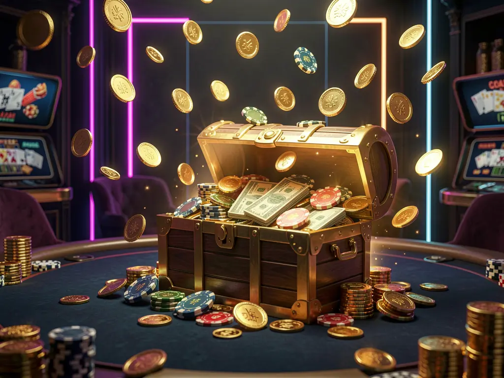 A premium OKDDD online casino bonus hero banner featuring golden coins flying in the air and a glowing treasure chest filled with chips and cash against a luxury dark background with neon accents, creating an elegant and festive casino atmosphere with high detail and cinematic 3D realistic lighting