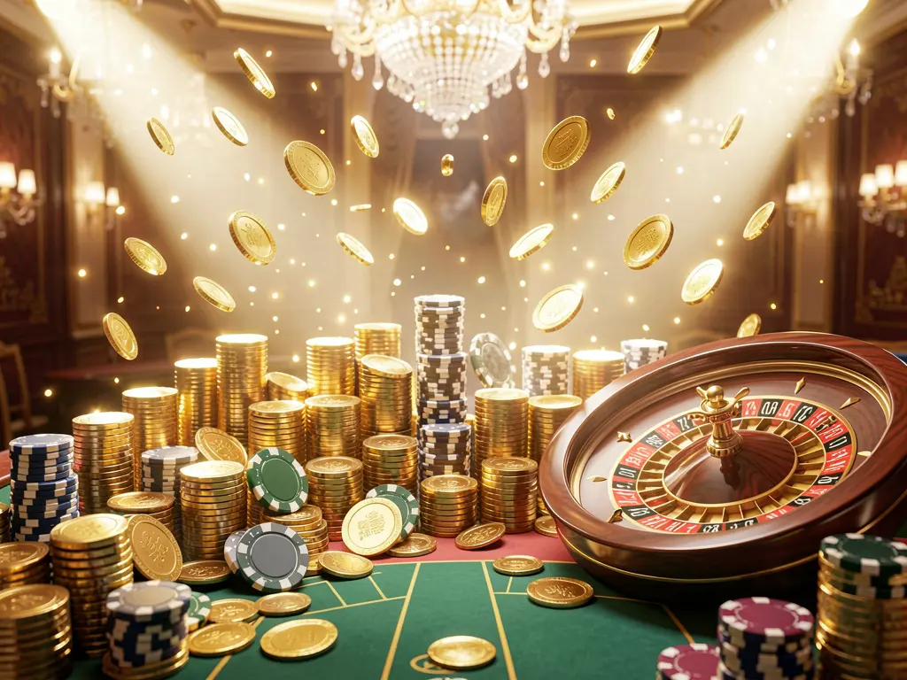 Realistic 3D render of a casino jackpot scene featuring golden coins, poker chips, and a roulette wheel with bright glowing lights, creating a luxury celebration atmosphere with OKDDD branding