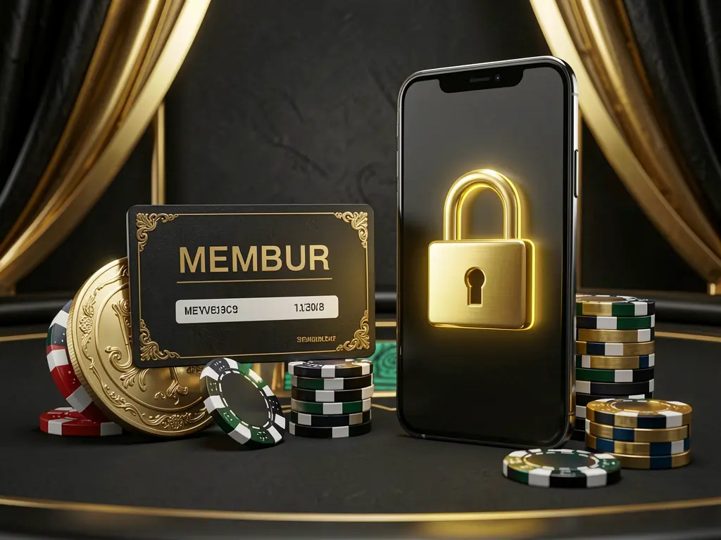 OKDDD casino member login concept featuring a premium membership card beside a smartphone with a glowing lock symbol, poker chips and coins on a black and gold luxury background in a realistic 3D illustration