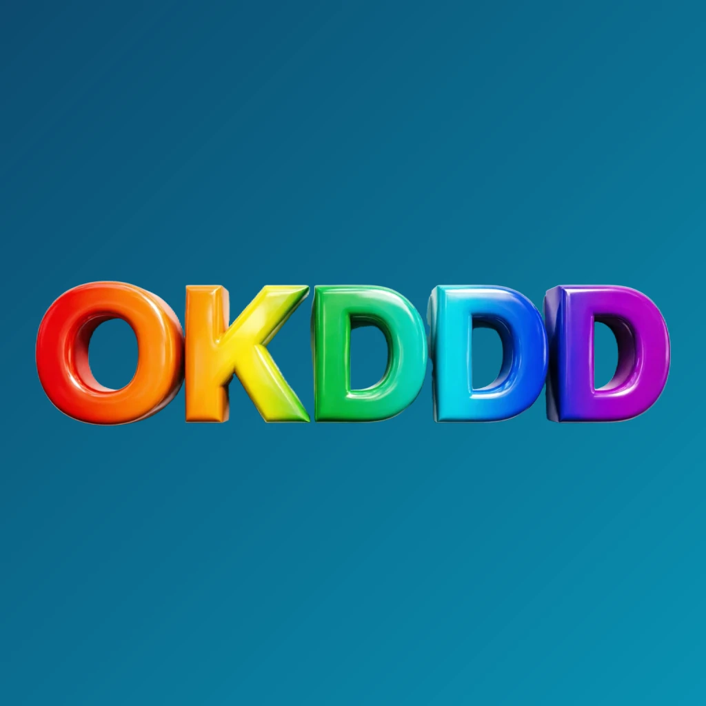 3D logo of OKDDD with oversized bold font in colorful rainbow gradient, glossy plastic texture, strong shadows and highlights on transparent background, designed as a wide horizontal rectangular wordmark for website header